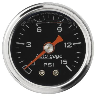 AutoMeter - GAUGE, PRESSURE, 1.5" DIRECT MNT, 15PSI, LIQUID FILLED MECH, BLK, 1/8" NPTF MALE - 2172 - Image 1