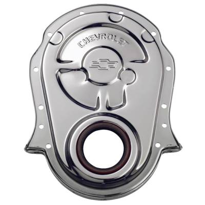 Engine Timing Chain Cover - Chrome - Steel - w/ Chevy and Bowtie Logo - For BB Chevy