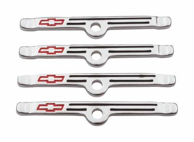 Engine Valve Cover Holdown Clamps - Chrome with Red Bowtie Logo - SB Chevy - 4 Pcs