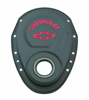 Timing Chain Cover - Black - Steel - With Chevy and Bowtie Logo - For SB Chevy 69-91