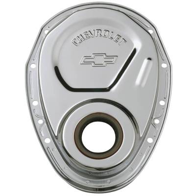Timing Chain Cover - Chrome - Steel - With Chevy and Bowtie Logo - SB Chevy 69-91